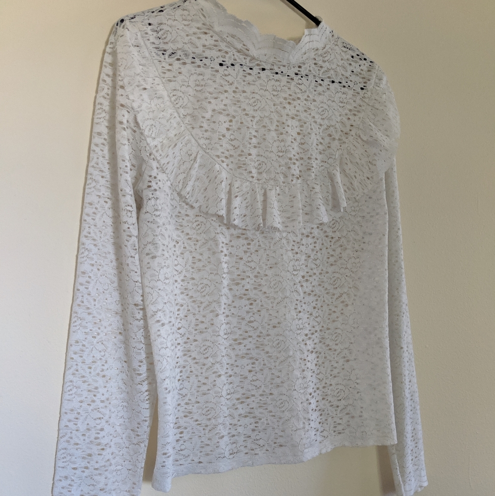 White Lace Ruffle Blouse